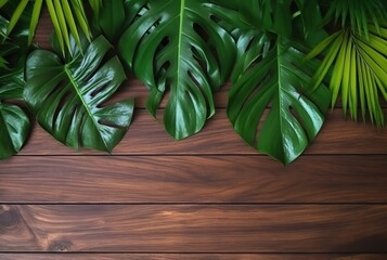 Top view of tropical leaves on wooden table for background. generative ai