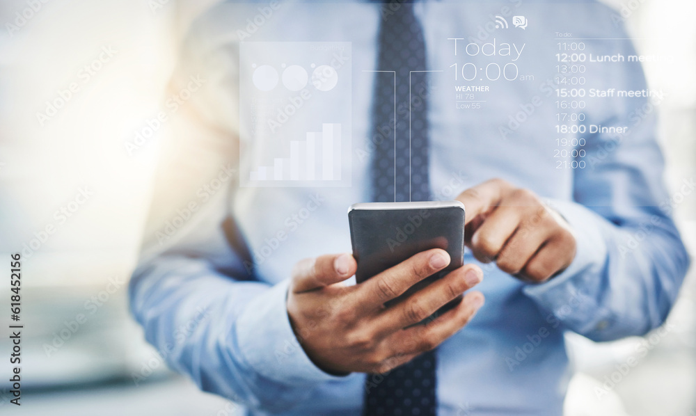 Poster Technology, businessman with smartphone and digital hologram for schedule. Online communication or virtual connectivity, overlay or data analysis and man with cellphone for time management dashboard