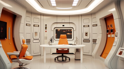 Modern Office, Empty, White ambience with some color accents, futuristic. Ideal for video conference background. Beautiful and relaxing.