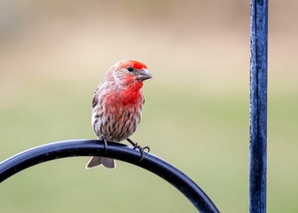Vibrant red finch perched atop a metal post.