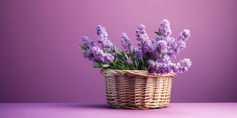 Wicker basket with spring flowers on purple background with copy space