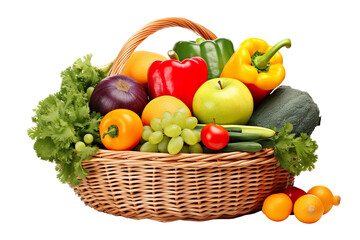 Obraz na płótnie Canvas Assorted organic vegetables and fruits in wicker basket isolated PNG