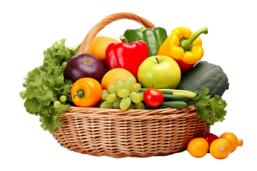 Assorted organic vegetables and fruits in wicker basket isolated PNG