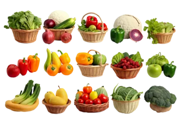  Assorted organic vegetables and fruits in wicker basket isolated PNG © JetHuynh