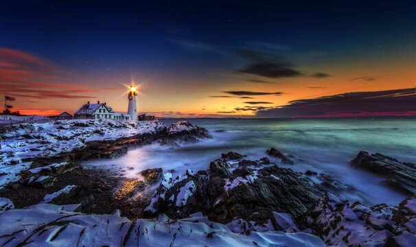Scenic winter landscape with Portland Headlight Lighthouse in the morning