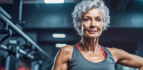 Fototapeta na wymiar athletic fitness senior woman in gym, concept of healthy lifestyle in advanced age, made with Generative AI