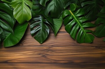Top view of tropical leaves on wooden table for background. generative ai