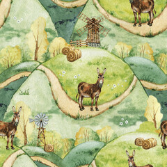 Donkey in nature with windmill, farm animals, digital paper, seamless pattern, hand drawn watercolor illustration