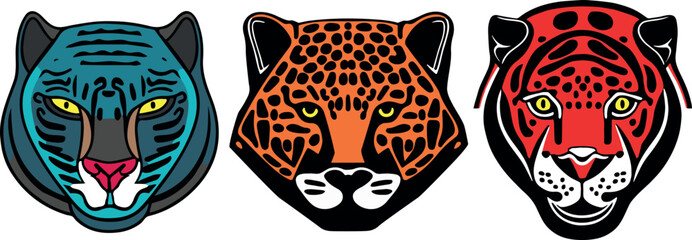 Vector illustration of three colorful wild jaguar heads on the white background © Clara Natoli/Wirestock Creators