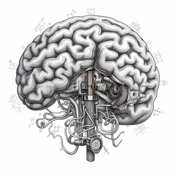 AI generated illustration of a black and white painting of a machine-made model of a human brain