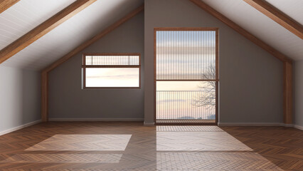 Dark late evening scene, empty room interior design, open space with parquet floor, wooden sloping ceiling and panoramic window, modern japandi architecture concept idea