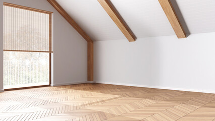 Obraz premium Empty room interior design, open space with parquet floor, wooden sloping ceiling and panoramic windows, white walls, modern japandi architecture concept idea