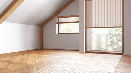 Empty room interior design, open space with parquet floor, wooden sloping ceiling and panoramic windows, white walls, modern japandi architecture concept idea