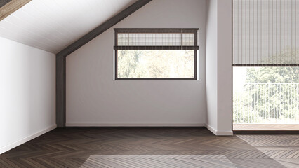 Empty room interior design, open space with parquet floor, dark wooden sloping ceiling and panoramic windows, white walls, modern japandi architecture concept idea
