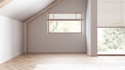 Fototapeta na wymiar Empty room interior design, open space with parquet floor, bleached wooden sloping ceiling and panoramic windows, white walls, modern japandi architecture concept idea