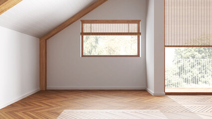 Empty room interior design, open space with parquet floor, wooden sloping ceiling and panoramic windows, white walls, modern japandi architecture concept idea