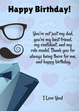 Composition of happy birthday dad text over moustache and glasses on blue background