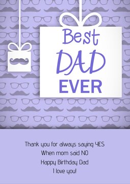 Composition of happy birthday dad text over moustache and glasses on purple background