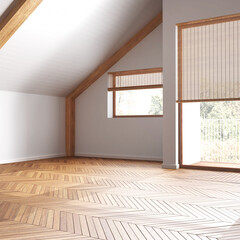 Empty room interior design, open space with parquet floor, wooden sloping ceiling and panoramic windows, white walls, modern japandi architecture concept idea