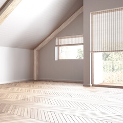 Empty room interior design, open space with parquet floor, bleached wooden sloping ceiling and panoramic windows, white walls, modern japandi architecture concept idea