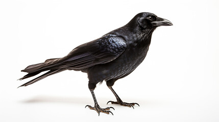 a crow, side view, white background, full shot.
Generative AI image.