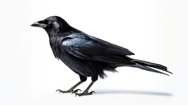 a crow, side view, white background, full shot.
Generative AI image.