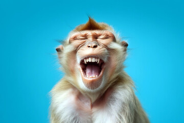 Monkey smiling with open mouth on blue background