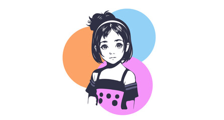 Vector portrait of a cute beautiful kawaii young girl in a sundress on a background of colored circles. White isolated background