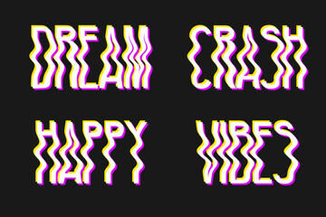 Set of neon glitch lettering. 3D blurry fluid lettering with a trendy glitch effect on a dark background. Fashionable distorted lettering, ideal for printing on postcards and clothing.