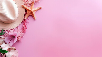 Fototapeta na wymiar Summer straw hat, seashells and palm leaf on pink background