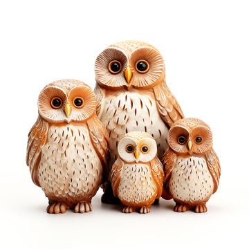 A family of owl figurines, white gradient background. Generative AI image.