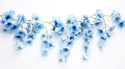 Fototapeta na wymiar Hanging blue flowers, white background, high detail. Generative AI image.