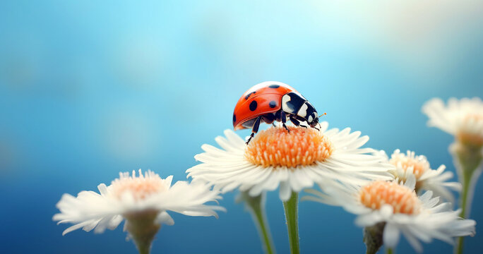 Beautiful ladybug on daisy flower on blue sky background