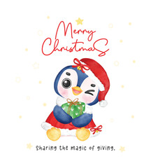 cute christmas penguin cartoon in Santa Dress and Hat. Cartoon Watercolour Christmas Art
