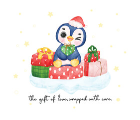 Adorable Christmas baby penguin sits on a stack of wrapped present boxes, bringing joy and festive cheer. Perfect for Christmas cards and decorations