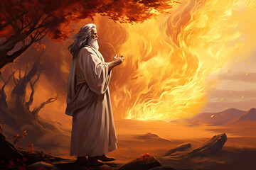 Moses and the burning bush Bible religious illustration, generated ai