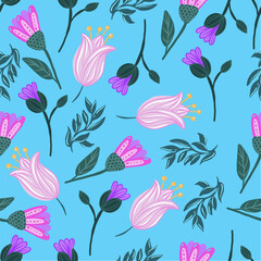 Tropical pattern with tropical leaves and flowers. Vector seamless texture. Fashionable illustration.