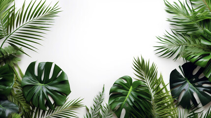 Fototapeta na wymiar Tropical green leaves on white background. Flat lay, top view, copy space