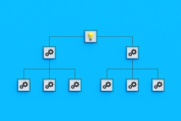 Competition and rivalry. Gear and electric bulb on buttons. Combining efforts to achieve results. Companies cooperation. Tech progress. Integrated actions. Association of partners. 3d render