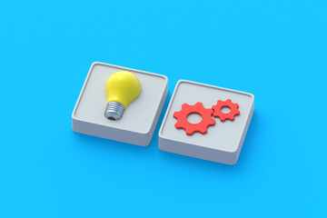 Technological breakthrough. Gear and electric bulb on buttons. Startup concept. Innovation idea. New production lines. Enterprises management. Business solution. Modern technology. 3d render