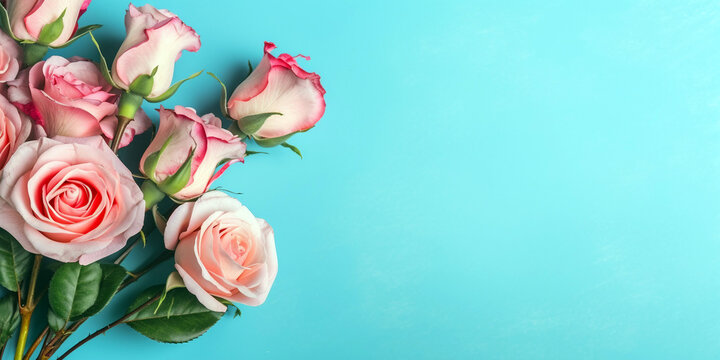 Bouquet of pink and red roses on blue background