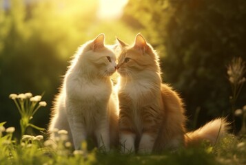 Two cute cats on green grass with blurred background of early morning sun