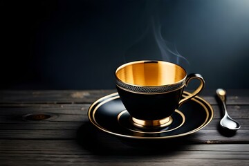 Premium luxury gold black paris teacup set isolated on wooden background with copy space