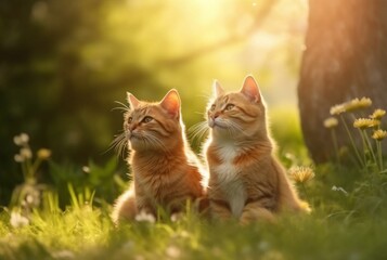 Naklejka na ściany i meble Two cute cats on green grass with blurred background of early morning sun