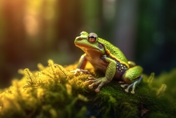 Naklejka premium Green frog on a mossy rock with blurred background. generative ai