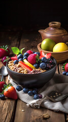
Acai Bowl, Fresh fruits and granola, Soft natural light, rustic wooden table with a neutral background and simple utensils, Bright, vibrant colours of the fruits and granola. Generative AI
