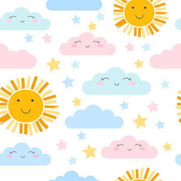 Seamless pattern background with cute sun and clouds. Vector illustration for kids fabric, summer background, wallpaper, backdrop.