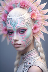 This breathtaking portrait of a woman adorned with colorful face paint and delicate flowers captures a captivating moment of beauty and wonder
