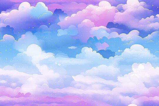 Anime cloud background, neon bright colours, gaming background illustration pattern, repeating cloud pattern