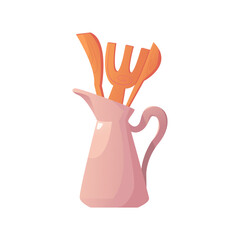 Vector Illustration of a Milk Jug with a Spatula and Ladle. Vintage Kitchen Utensils in Cartoon Style.